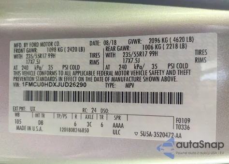 2018 Ford Escape Sel from USA, damaged, VIN 1FMCU0HDXJUD26290